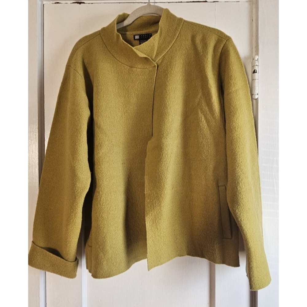 Vtg CAROLE LITTLE‎ 100% boiled wool yellow cardigan sweater tall neck women's L
